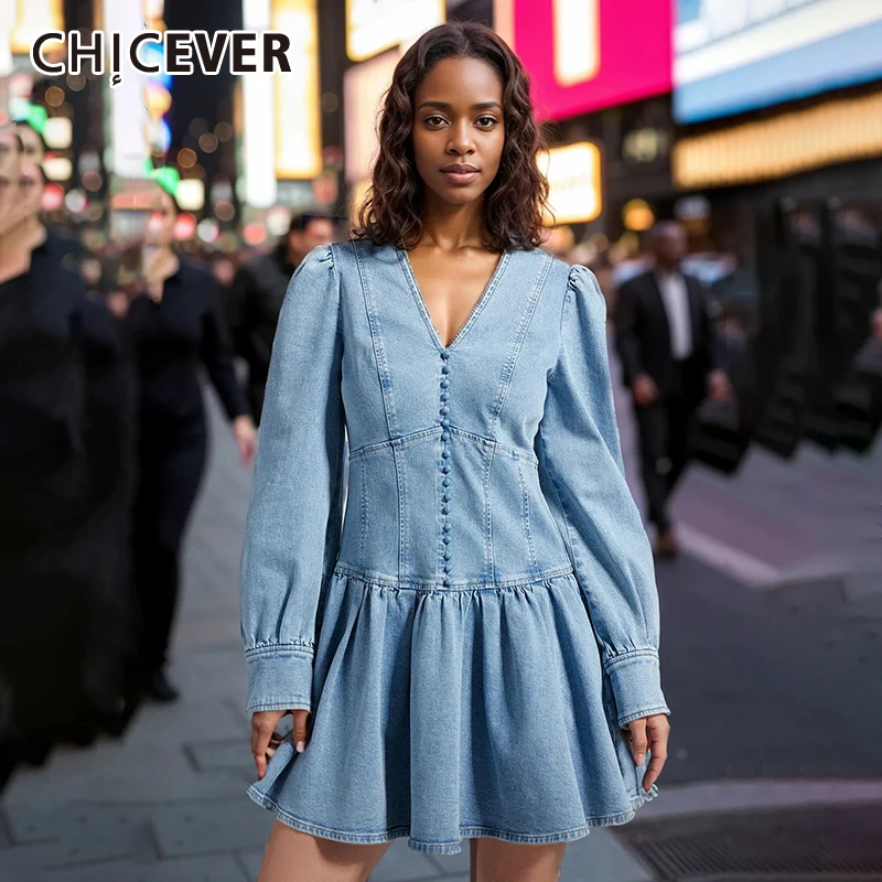 CHICEVER однотонные джинсовые мини плиссированные платья для женщин с V-образным