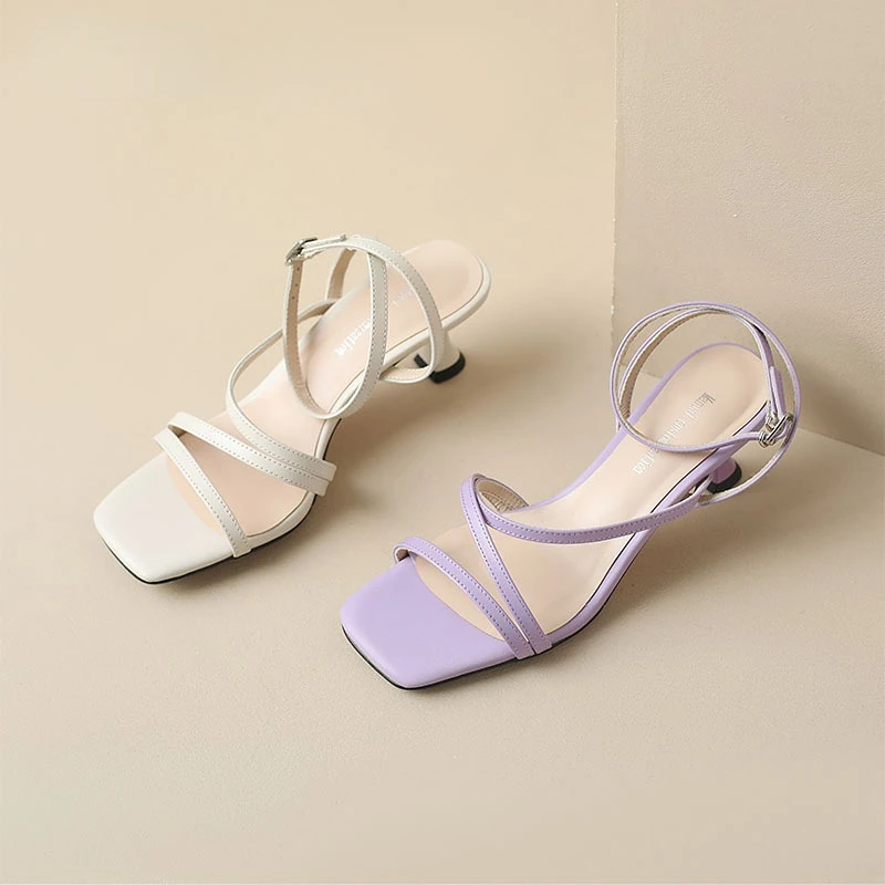 2023 Sexy Women High Heeled Sandals Genuine Leather New Summer Ankle Strap Sandal Karley Fashion Ladies White Purple