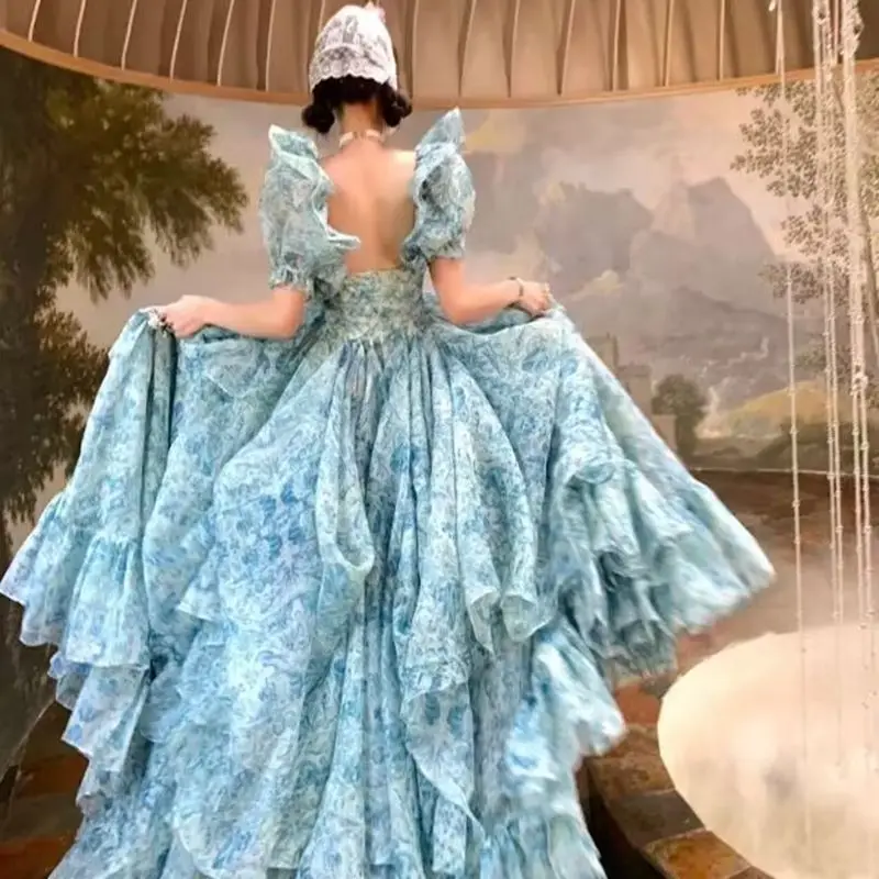 

YOSIMI Party Dress 2023 Summer High Quality Short Puff Sleeve Blue Floral Print Chiffon Women Floor-Length Overlength Maxi Dress