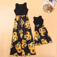 sunflower mommy and me clothes family set sleeveless mother daughter matching dresses fashion woman girls long dress outfits