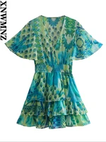 xnwmnz 2022 women fashion print dress woman retro ruffled layered pleated elastic high waist female chic dresses