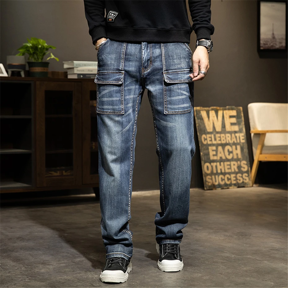 42 44 Plus Size Jeans Men Blue Denim Pants Baggy Cargo Jeans Pants Streetwear Loose Trousers Male Big Size Bottoms Fashion