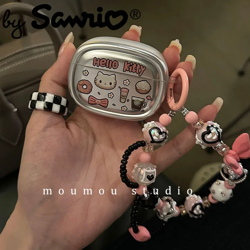 

Sanrio Hello Kitty Y2k Bluetooth Wireless Headset Set Airpods Protective Sleeve Silver Electroplating Anime Kawaii Cute Creative