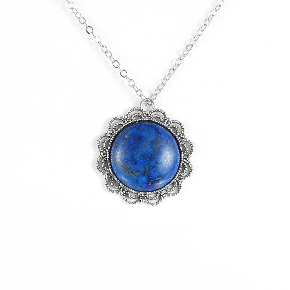 

Round Natural Stone Pendant Necklace Lapis Lazuli Labradorite Vintage Flower Silver Color O Chain Choker Necklace For Men Women
