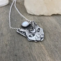 bohemian style inlaid moonstone moon imprint textured cat face pendant personality mens womens necklace couple jewelry for her