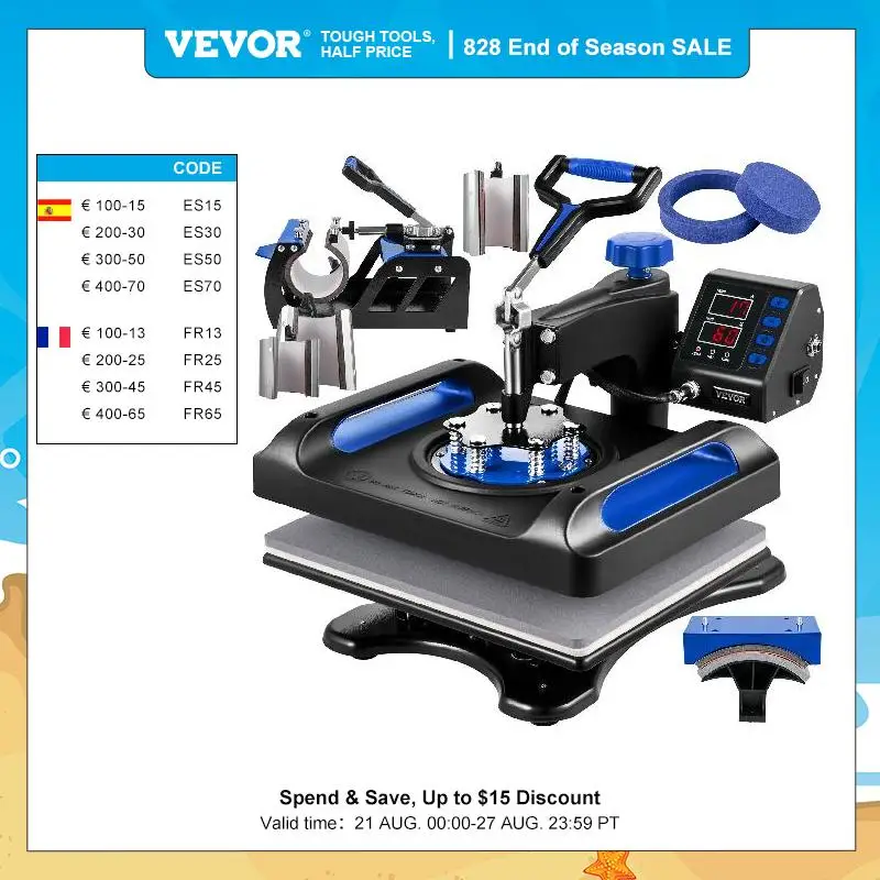 VEVOR 30*38CM 8 in 1 Combo Upgrade Heat Press Machine 360° Rotation Sublimation Printer Cap Shirt Mug Plate 2D Heat Transfer