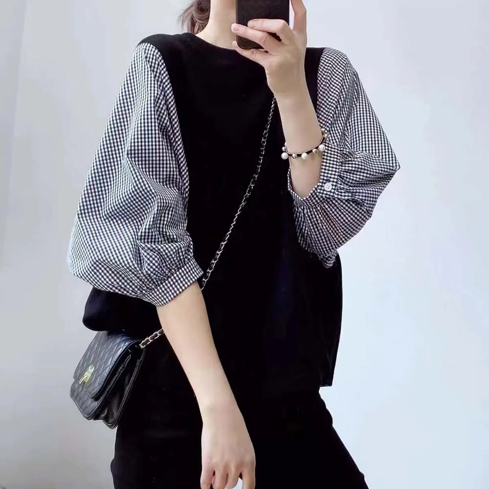 

New Women Fashion T-Shirt Half Sleeve Lattice Patchwork Round Neck Pullover Slim Korea Japan Style Elegant Chic Ladies T-shirt