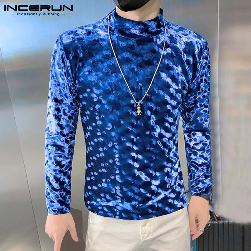 

Stylish Men Casual T Shirt Velour Turtleneck Long Sleeve Fitness Shiny Solid Color Men Clothing 2022 Camisetas INCERUN S-3XL