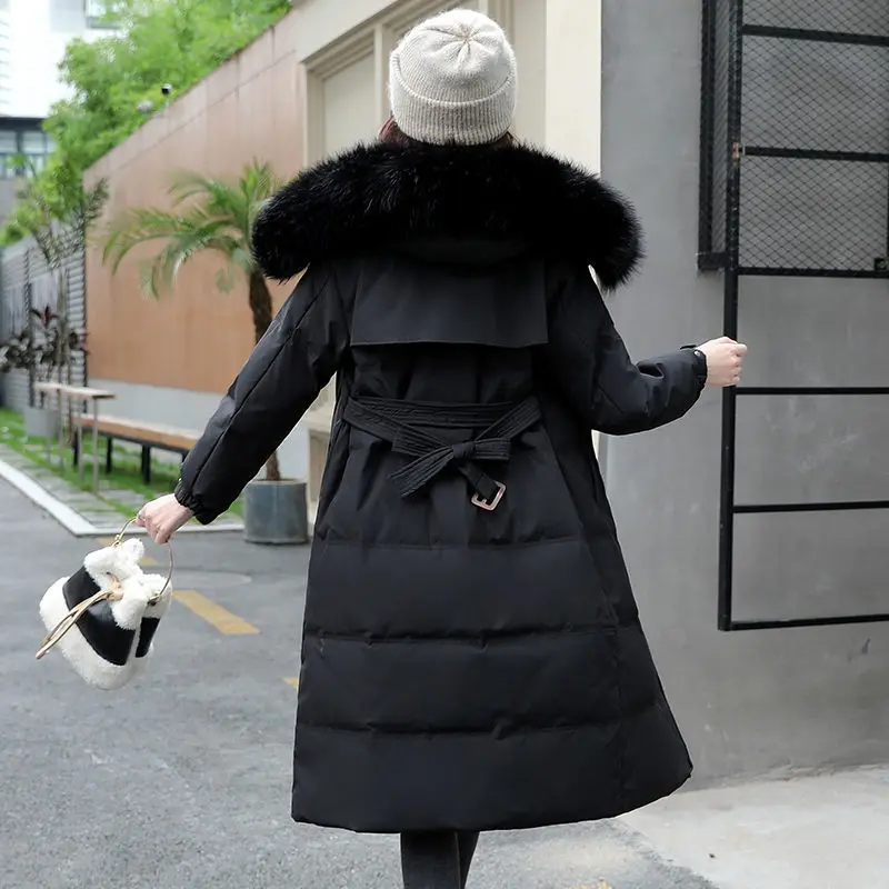 Autumn Winter Jacket Women 2022 Korean Fashion Tops Hooded Fur Collar Down Cotton Coats Famale Clothing Belt Long Padded Parkas