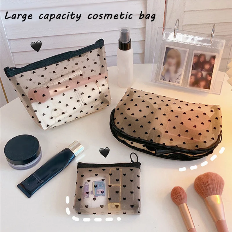

Mesh Cosmetic Makeup Bags Case Holder Cute Transparent Zipper Black Heart Printed Pencil Pen Case Pouch Convenient To Carry