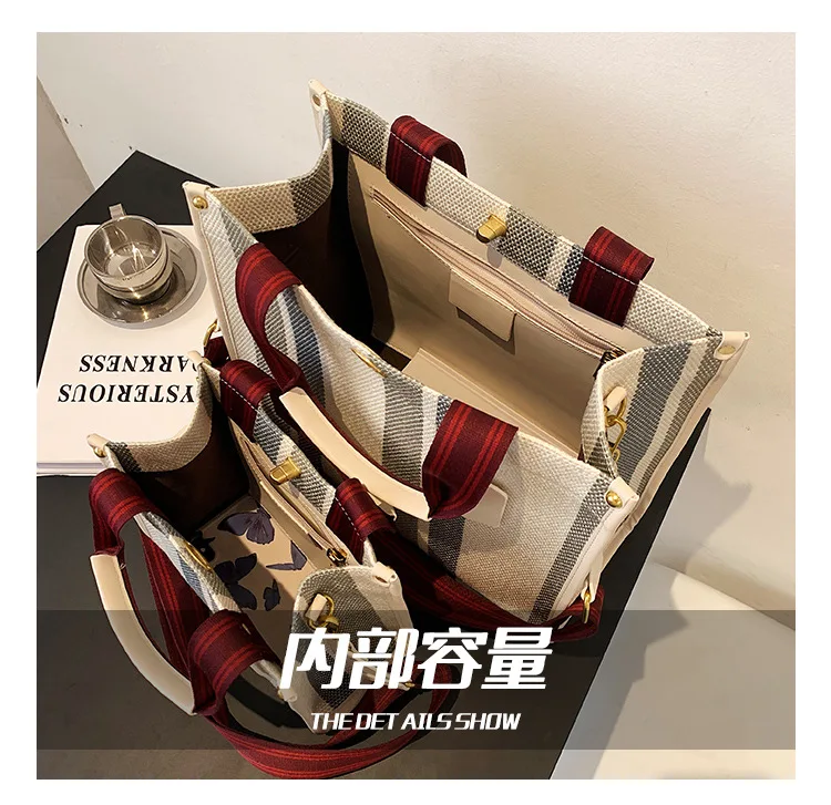 Large Tote Bag Casual Stripe Canvas Handbag For Women Wide Shoulder Strap Bag Female 2022 Trendy Texture Shoulder Bag Commuter