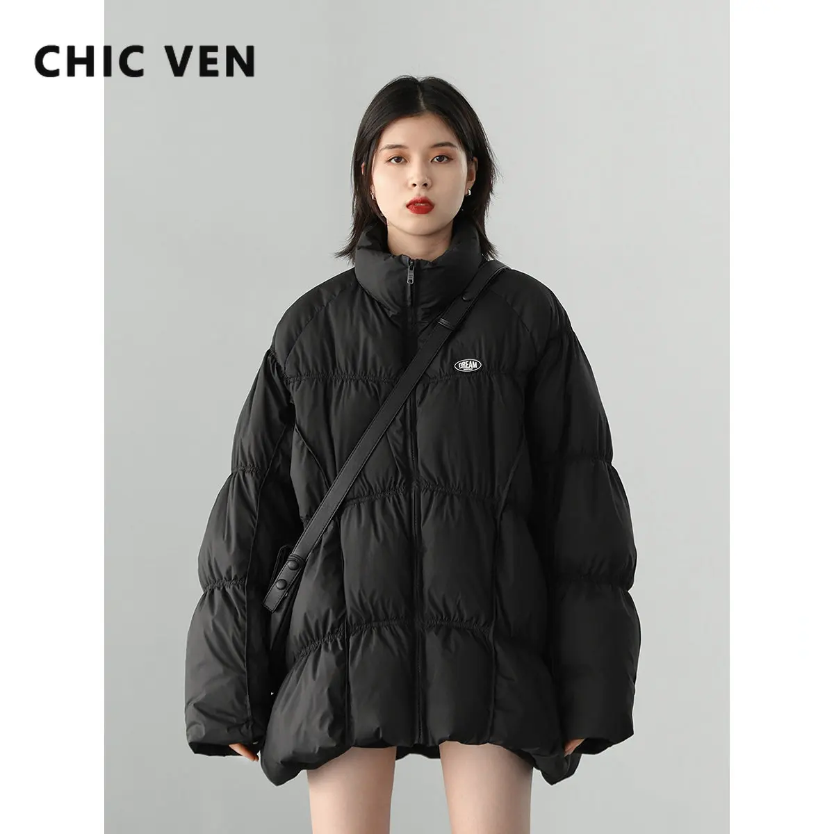 CHIC VEN Streetwear Design Irregular 90 White Duck Down Thick Warm Down Jacket Black Overcoat Autumn Winter 2022