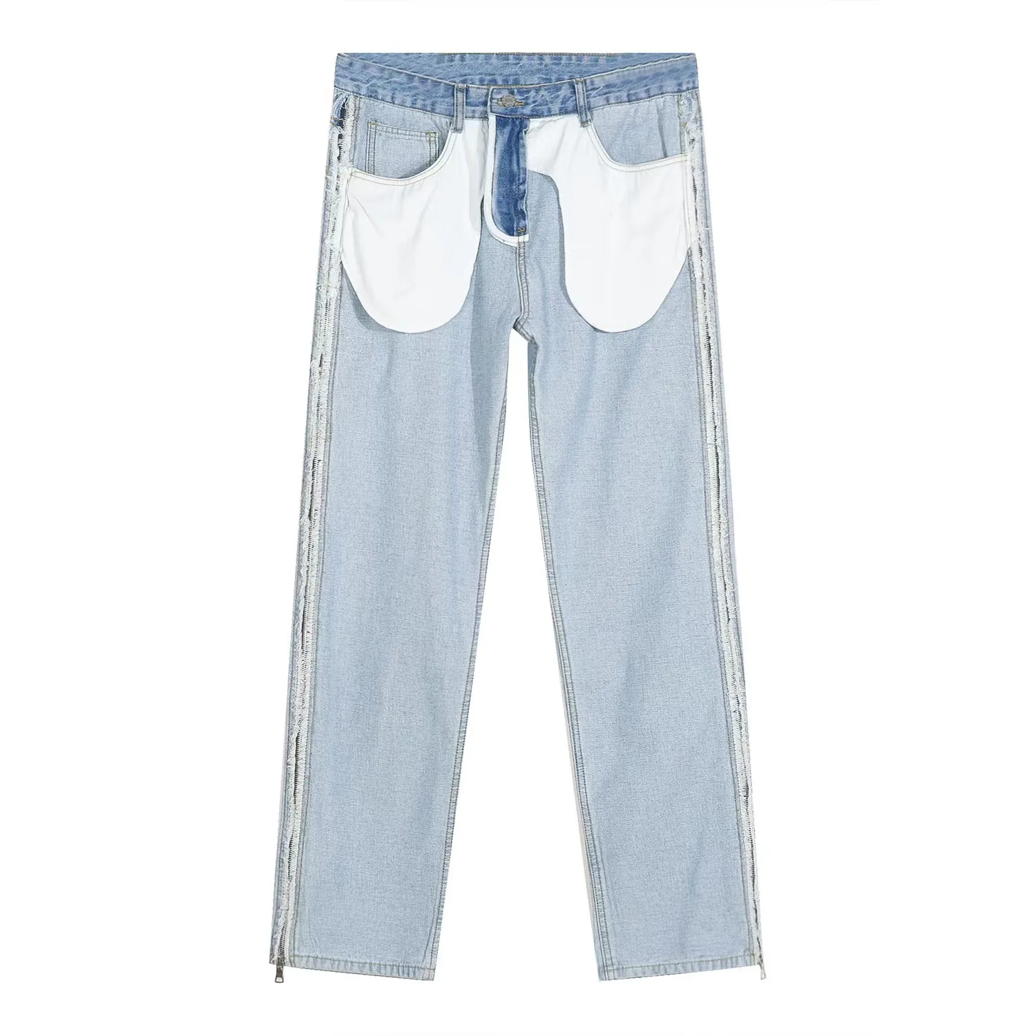 Jeans Men Four Seasons Blue Straight Trend Jeans Reverse Design Loose Casual Zipper Slit Trousers Y2k Aesthetic Pants Men Jeans