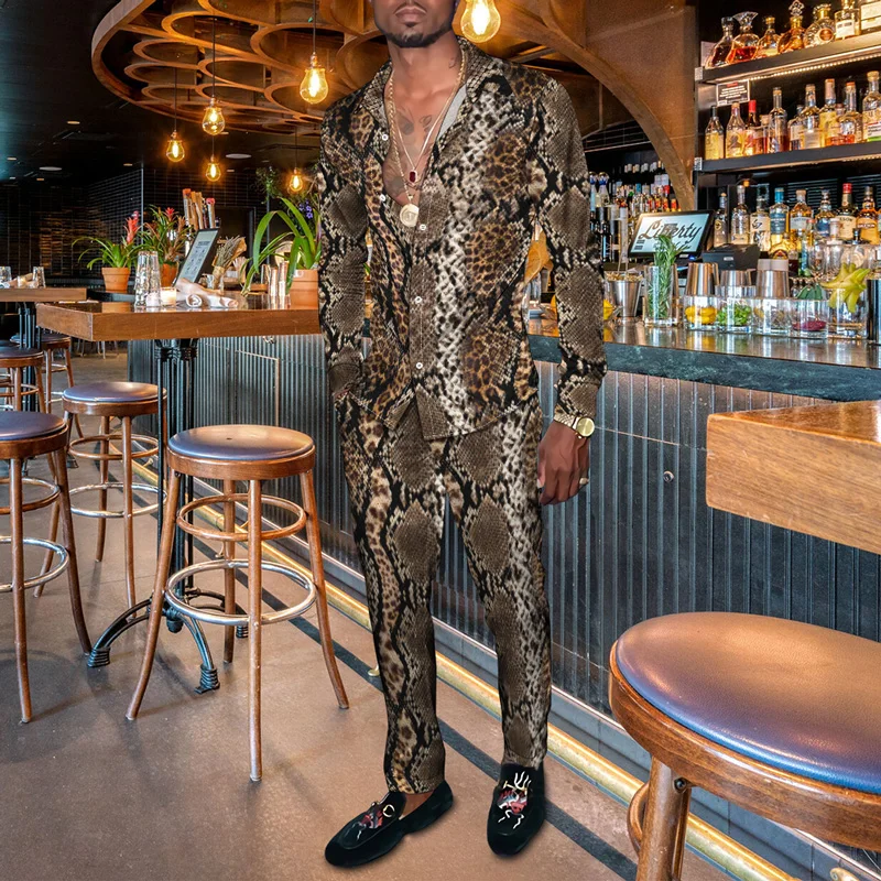 Spring Men's Gentleman's Shirt + Pants Suit Animal Snake Pattern 3D Harajuku Long-Sleeved Shirt Trousers Two-Piece Casual Wear