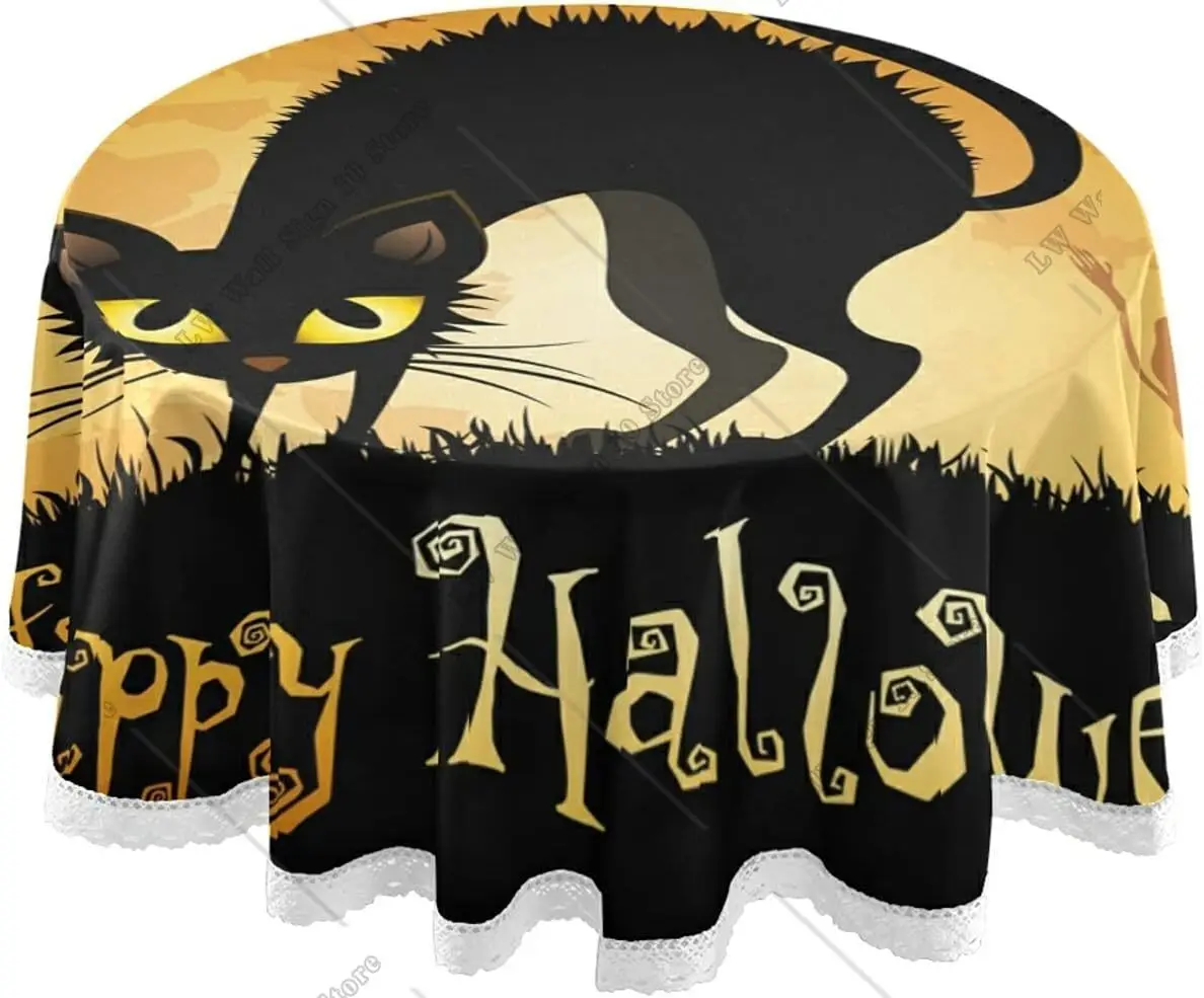 

Круглая скатерть в виде черной кошки, летучей мыши, полной луны, 60 дюймов, устойчивая к морщинам скатерть для стола, обеденный декор для свадьбы, праздничной вечеринки