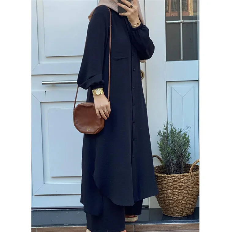 Eid Mubarak Abaya Turkey Hijab Two-piece Muslim Sets Dress Caftan Kaftans Islam Clothing 2 Piece Set Women Loose Wide Leg Pants