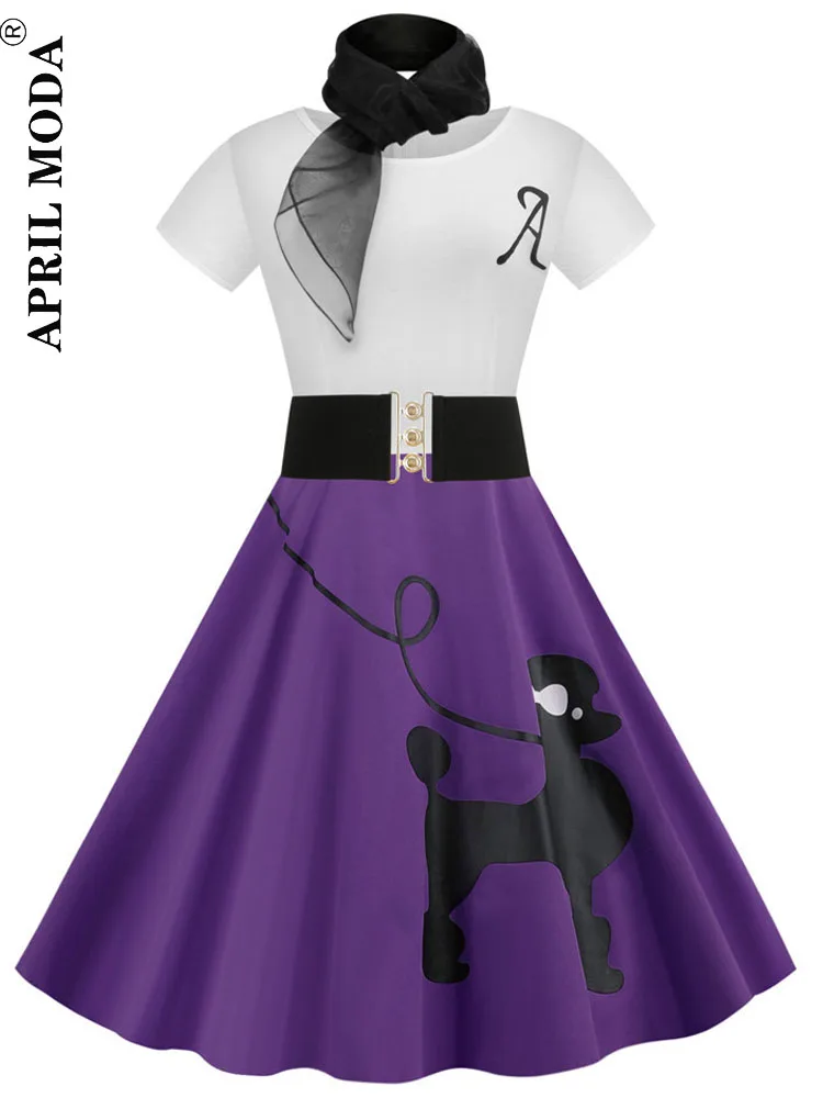 

2022 летние платья в стиле ретро с принтом пуделя, вечерние платья в стиле пэчворк с высокой талией, винтажное коктейльное платье-тройка рокаб...