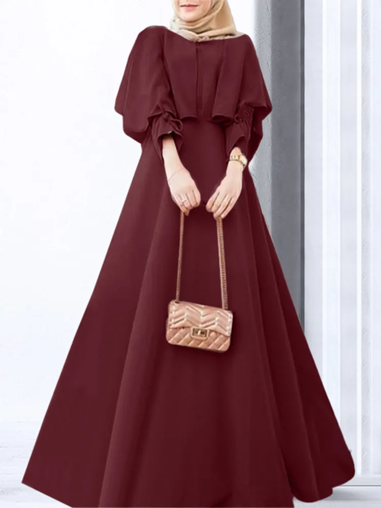 Платье ZANZEA женское с длинными рукавами и круглым вырезом, Абая кафтан с оборками, однотонное мусульманское модное повседневное элегантное ...