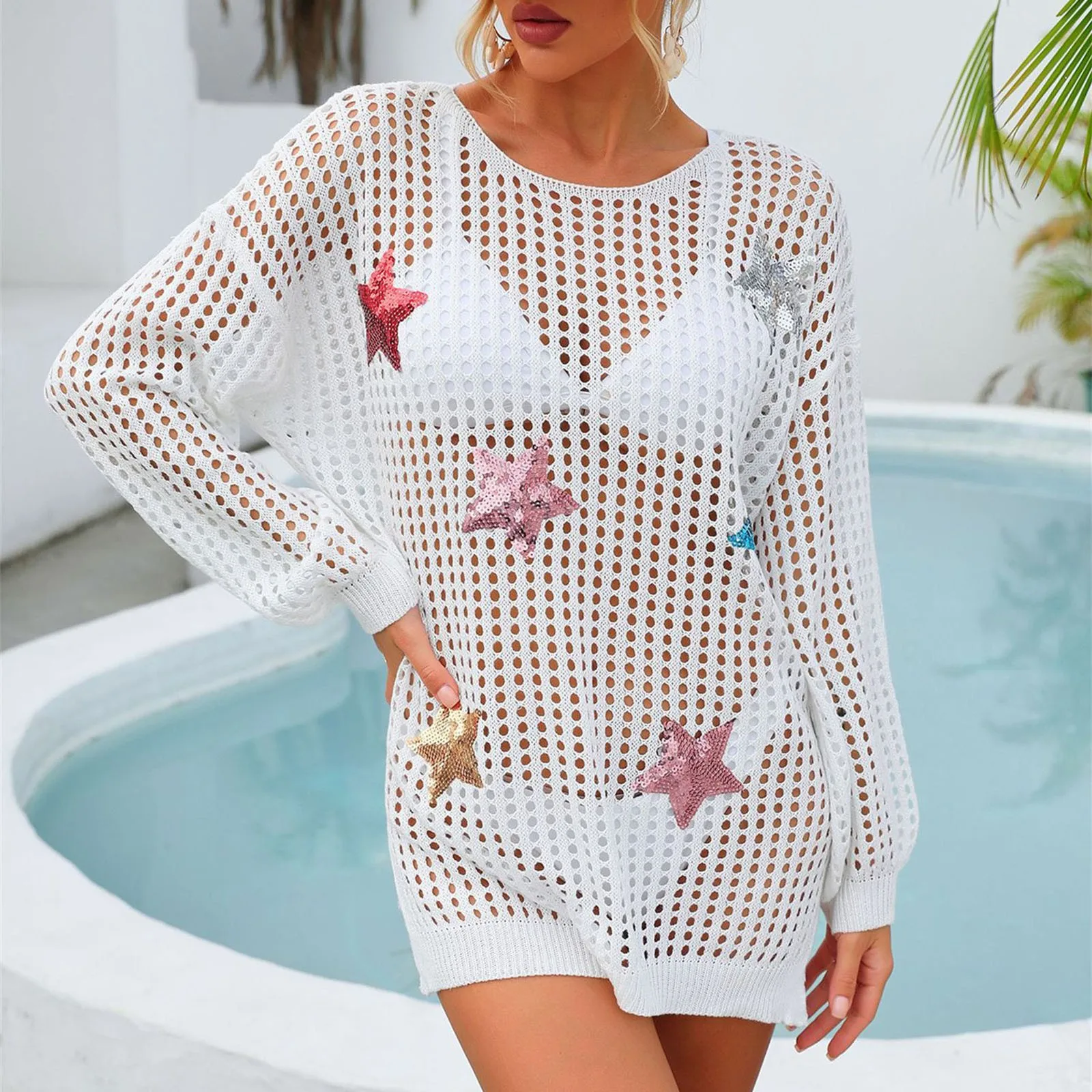 

Женская Летняя ажурная модная дизайнерская блузка, Пляжная блузка, вязаная крючком трикотажная одежда с пятью звездами, сексуальная накидка на бикини