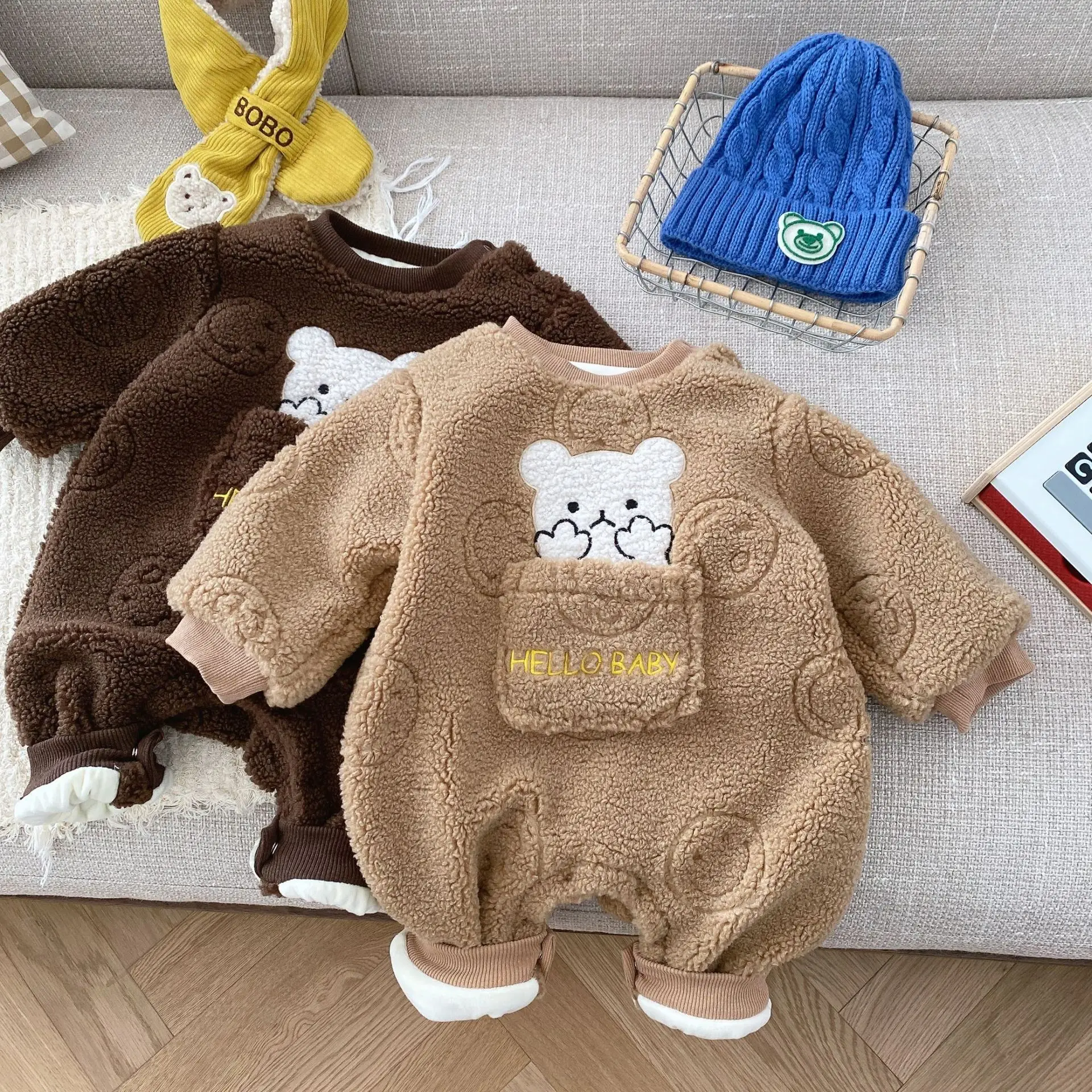 

Infant Autumn Winter Clothes 0-2 Years Girl Baby Cartoon Bear Plus Fleece Romper Kid Boy Thicken Slime Jumpsuit Toddler Onesie
