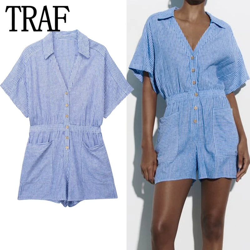

TRAF 2023 Woman Short Playsuit Blue Striped Summer Woman Jumpsuit Short Sleeve Women Jumpsuits Casual Loose Women's Monkey
