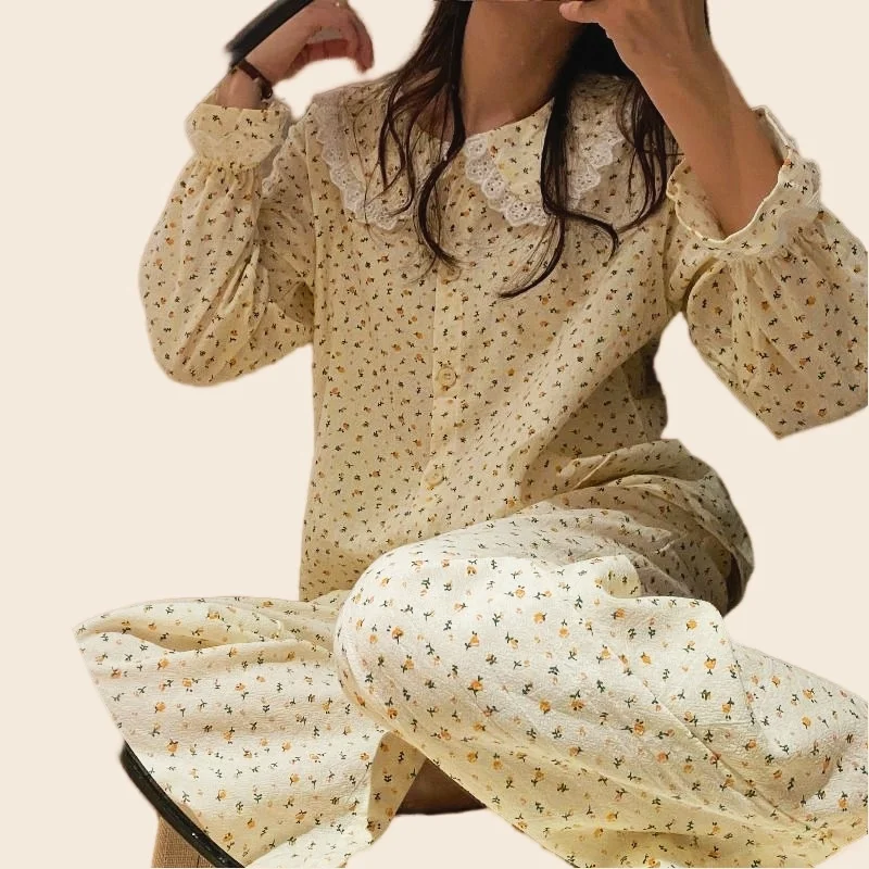 Cotton Pajamas Set Full Sleeve T-shirt Long Pants 2Piece/Set Autumn Sexy Lace Flower Print Pyjama Big Size Mom Homewear Cozy PJS