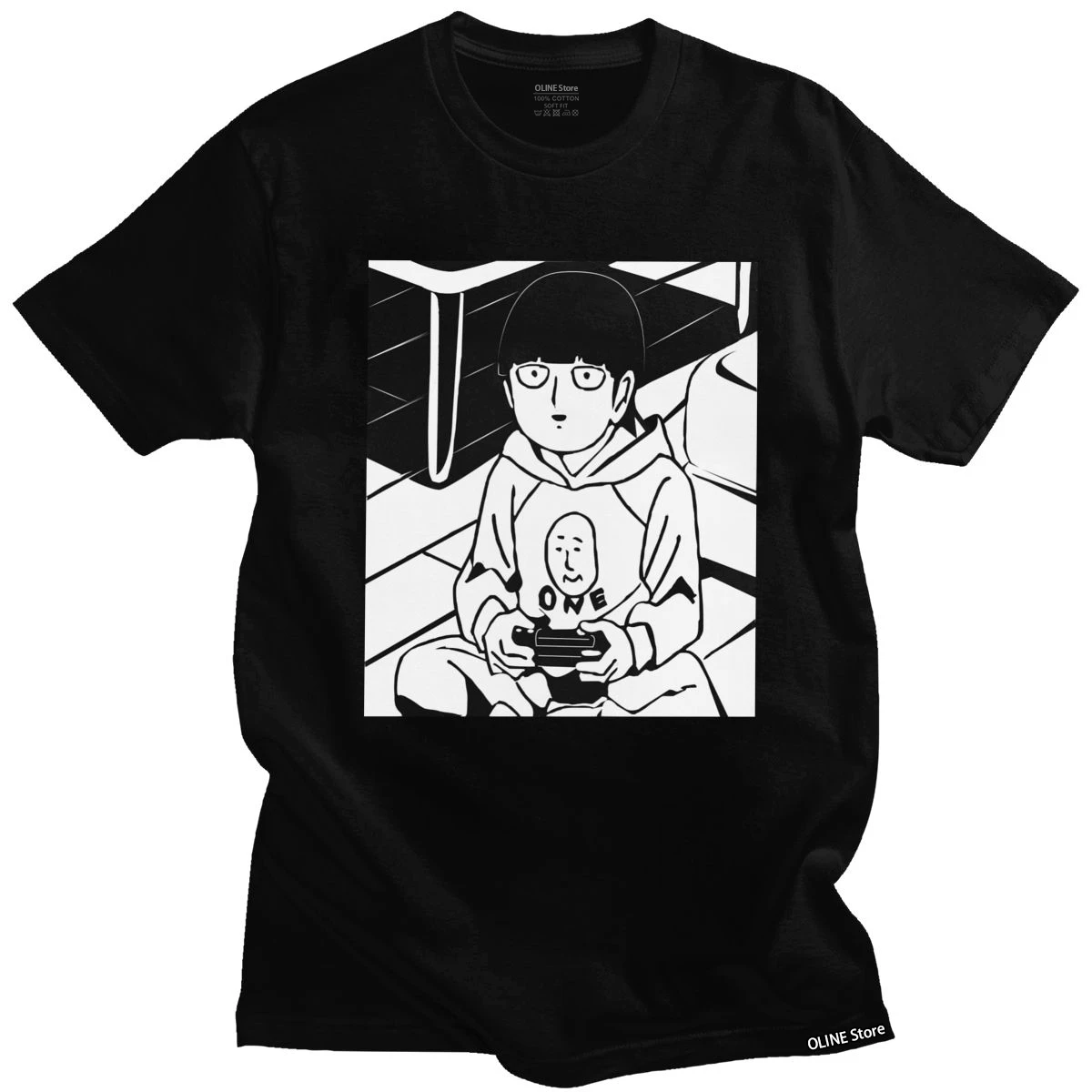 Mob Psycho 100 T-Shirt for Men Cotton Manga Tshirt Short Sleeved Shigeo Kageyama Playing a Game Anime Tee Shirt Clothing Gift