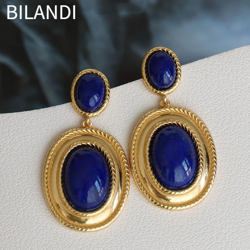 

Bilandi Retro Jewelry Blue Earrings Senior Sense Elegant Temperament Metallic Dangle Oval Drop Earrings For Women Girl Gift