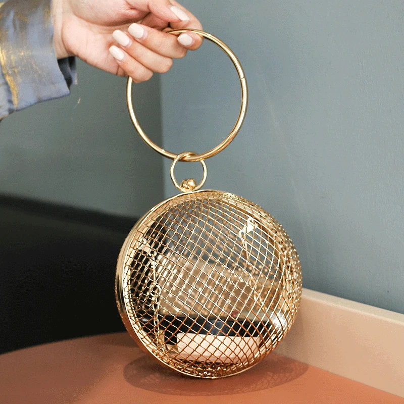 Gold Metal Clutch Bag 2022 Luxury Handbags Women Bags Designer Round Mini Hollow Purse Ladies Hand Bag Prom Chain Crossbody Bags