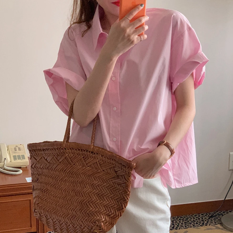 

COIGARSAM Shirt Womens Tops Summer Short Sleeve Solid Turn-down Collar Women Shirts Dropshipping