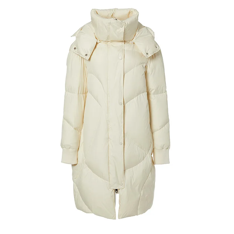 Women Winter Medium Length Over The Knee   White Eiderdown Lloose Western Style Thick Hooded Slimming Down Coats