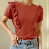women t shirt o neck 2022 solid color spring summer new loose casual folds short sleeved female fashion all match pullover tops