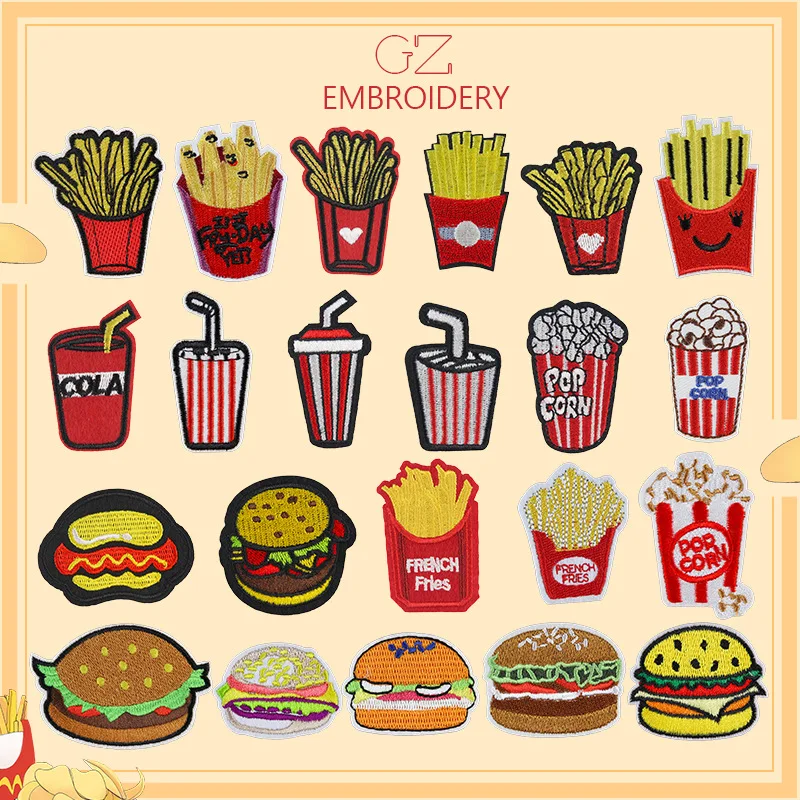 

Cartoon Fastfood Embroidery Iron on Patches French Fries Pop Corn Cola Hotdog Appliques for T-shirt Jeans DIY Decor Wholesale