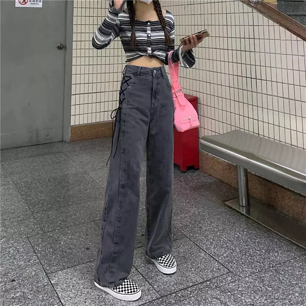 

High Waist Women's Jeans 2022 Summer New Design Sense Bandage Baggy Trouser Straight Denim Pants Vintage Casual Wide Leg Jea