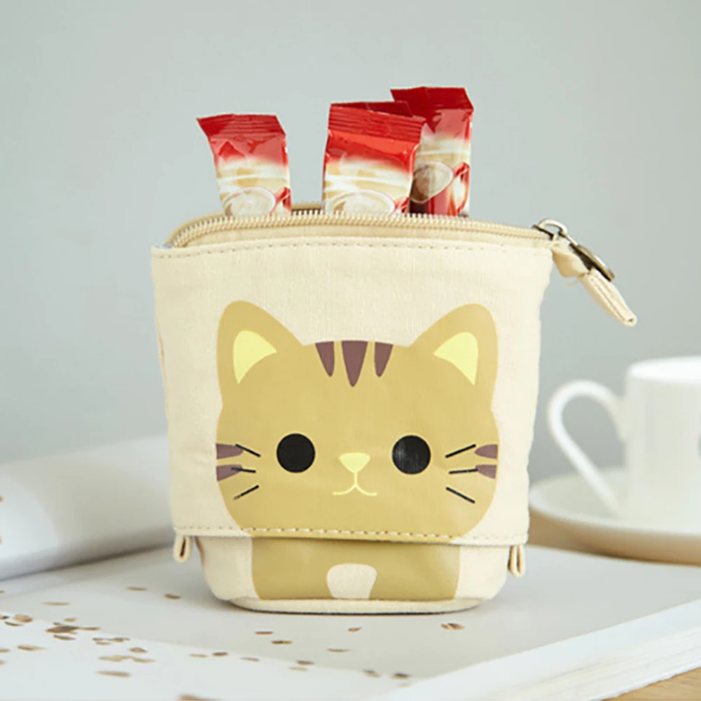 

Creative Canvas Pencilcase Cartoon Cat Telescopic Makeup Brush Table Holder Pouch School Office Pen Case with Zipper