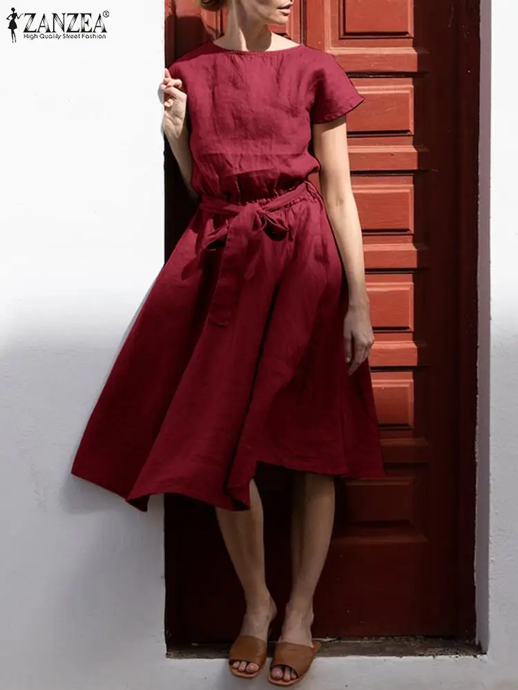 

ZANZEA Elegant Casual Holiday Beach Loose Robe Women Summer A-line Dress Short Sleeve O-Neck Solid Color Knee Length Sundress