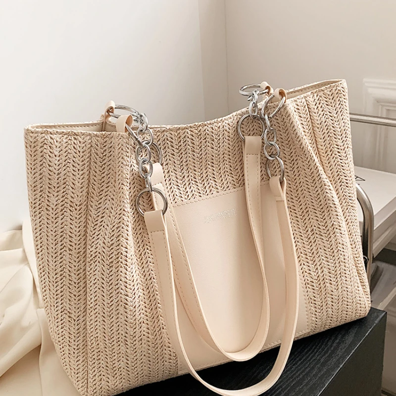 

Women Handbag Summer Rattan Woven Handmade Knitted Straw Large Capacity Totes Leather Women Shoulder Bag Bohemia New Beach Bag