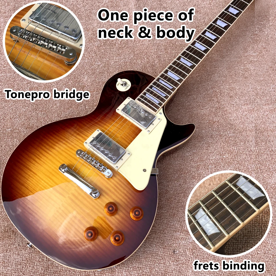 

One piece of neck & body electric guitar, Frets binding, Tune-o-Matic bridge, Dark sunburst maple top, Free shipping