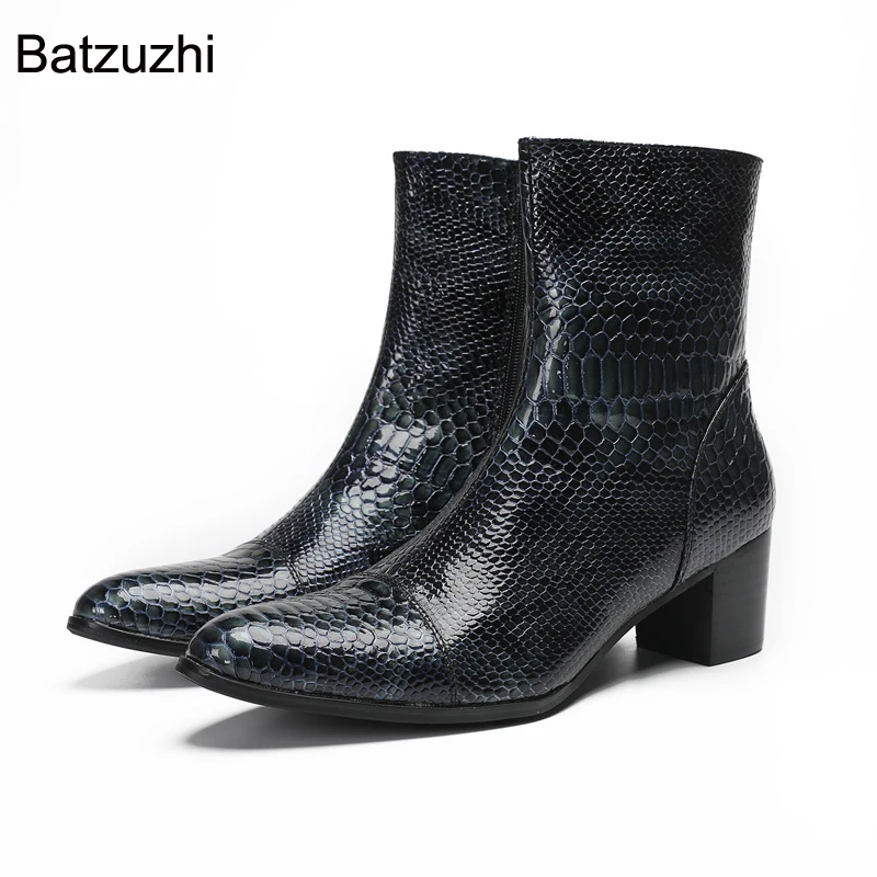 

Batzuzhi 7CM High Heels Men's Boots Shoes Pointed Toe Genuine Leather Ankle Boots Men Fashion Knight Party Boots Man, EU38-47