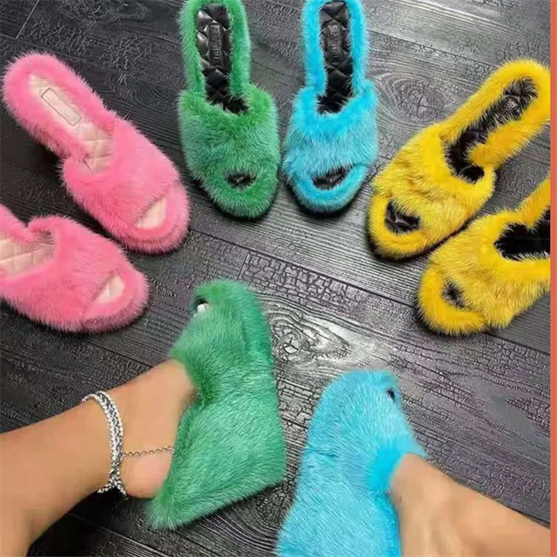 

New Fur Slippers Women's Wedge Heel Shoes Women High-heeled Furry Drag Fashion Outdoor All-match Shoes Slippers Furry Slides