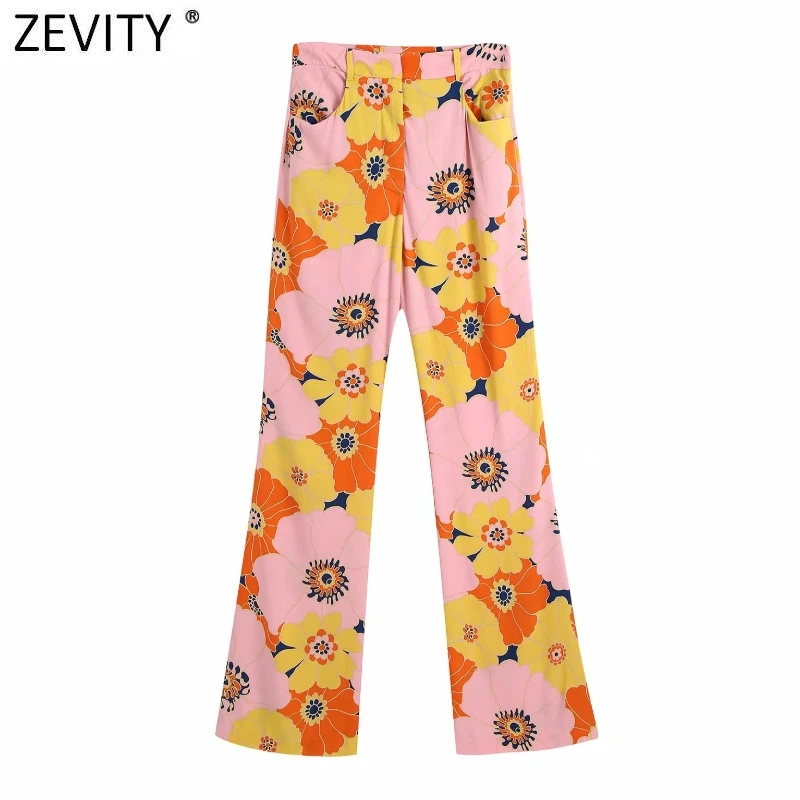 

Zevity Women Fashion Color Match Floral Print Flare Pants Retro Female Chic Pockets Summer Long Trousers Pantalones Mujer P1099