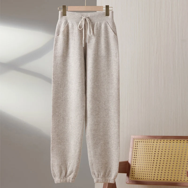 

2023 Hot Sale Women's 100% Wool Cashmere Casual Pants Solid Color Knitted Long Fashion Comfort Women's Wool Harun Pants Autumn