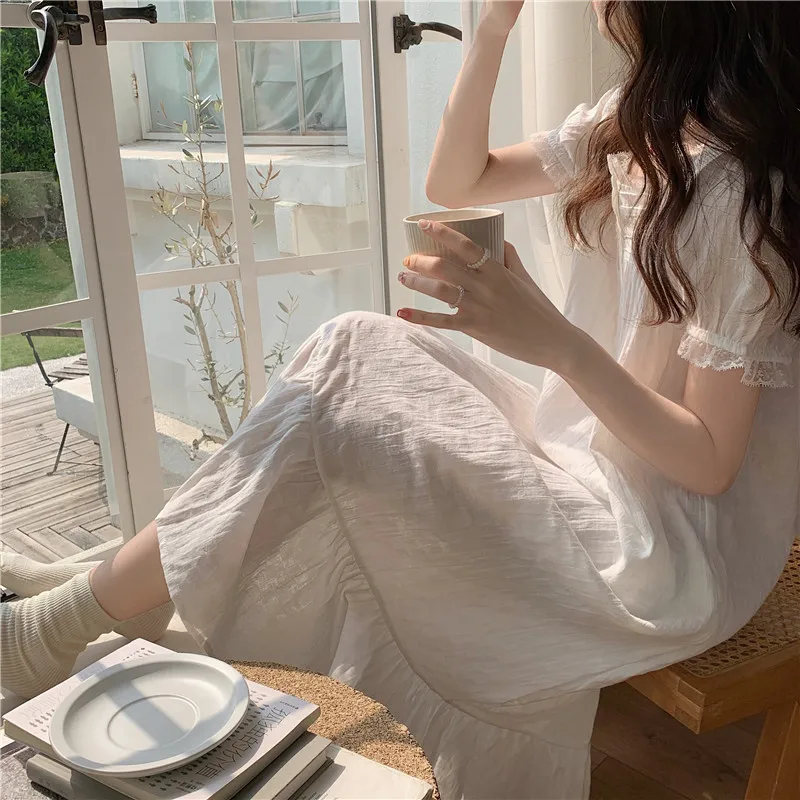 Lace Patchwork Cotton Summer Nightgown Women Square Collar Short Sleeve White Long Sleepwear Sweet Korean Night Dress