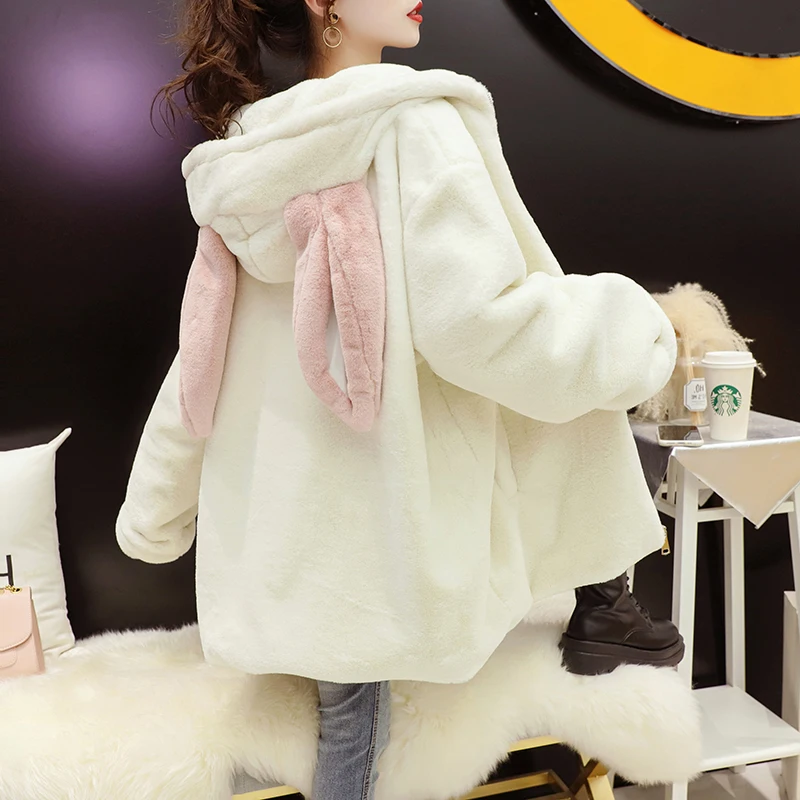 Japan Lamb Wool Coat Thick Velvet Autumn 2022 Fur Cardigan Cute White Rabbit Ears Sweatshirts Women College Style Zip Hooded