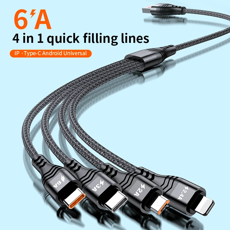 

6A 66W USB Type C Super-Fast Cable 2A 3A 4 in 1 Cords Micro USB Type C Lighting Cable Fast Charging for iPhone 12 Samsung Huawei