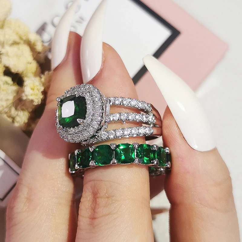 

Женский комплект колец на палец, обручальные кольца зеленого и серебряного цвета, ювелирные украшения на заказ, R5714, 2022