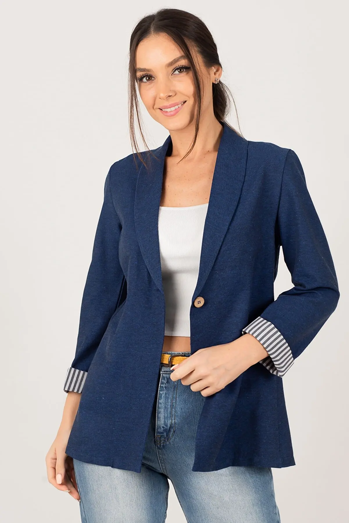 

Female Navy Blue Sleeve Single Striped Single button jacket Sun Protection Women Blazers and Jackets Clothing 237286396