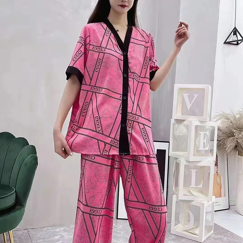 New Summer Pajamas for Women's Japanese and Korean Style Thin Short-sleeved Cardigan Trousers Suit Comfortable Home Service Suit
