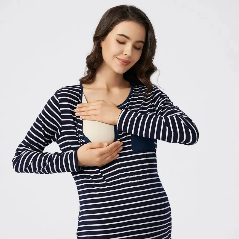 Spring & Autumn Women Maternity Clothes Nursing Dresses Breastfeeding Fashion Casual Cotton Striped Pockets Pregnancy Clothes enlarge