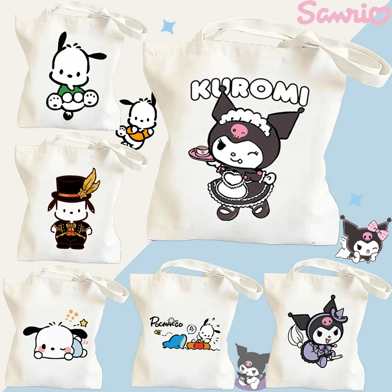 

Kawaii Sanrio Kuromi Canvas Bag Pachacco Girls Cartoon Anime Zipper Custom Ins Print Reusable Large Capacity Shopping Bag